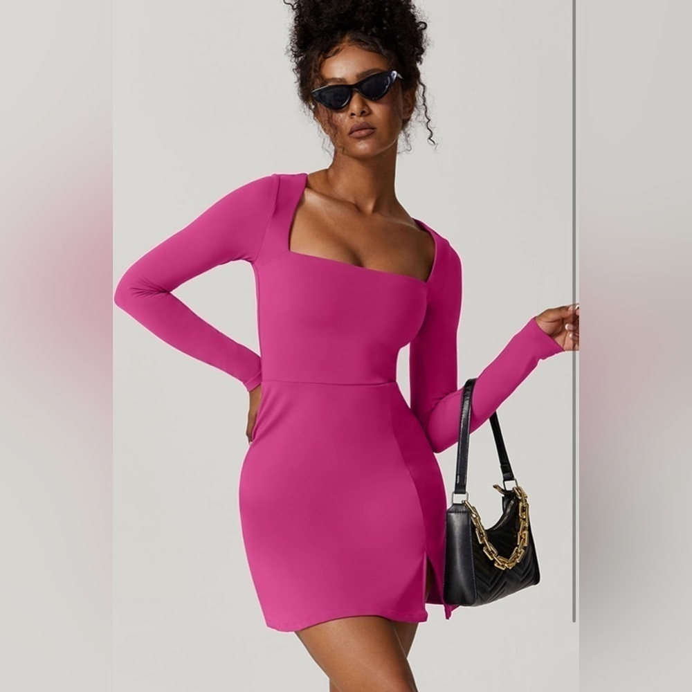 QINSEN Womens Square Neck Bodice Dress Long Sleeve Side Slit Flare Mini Dresses